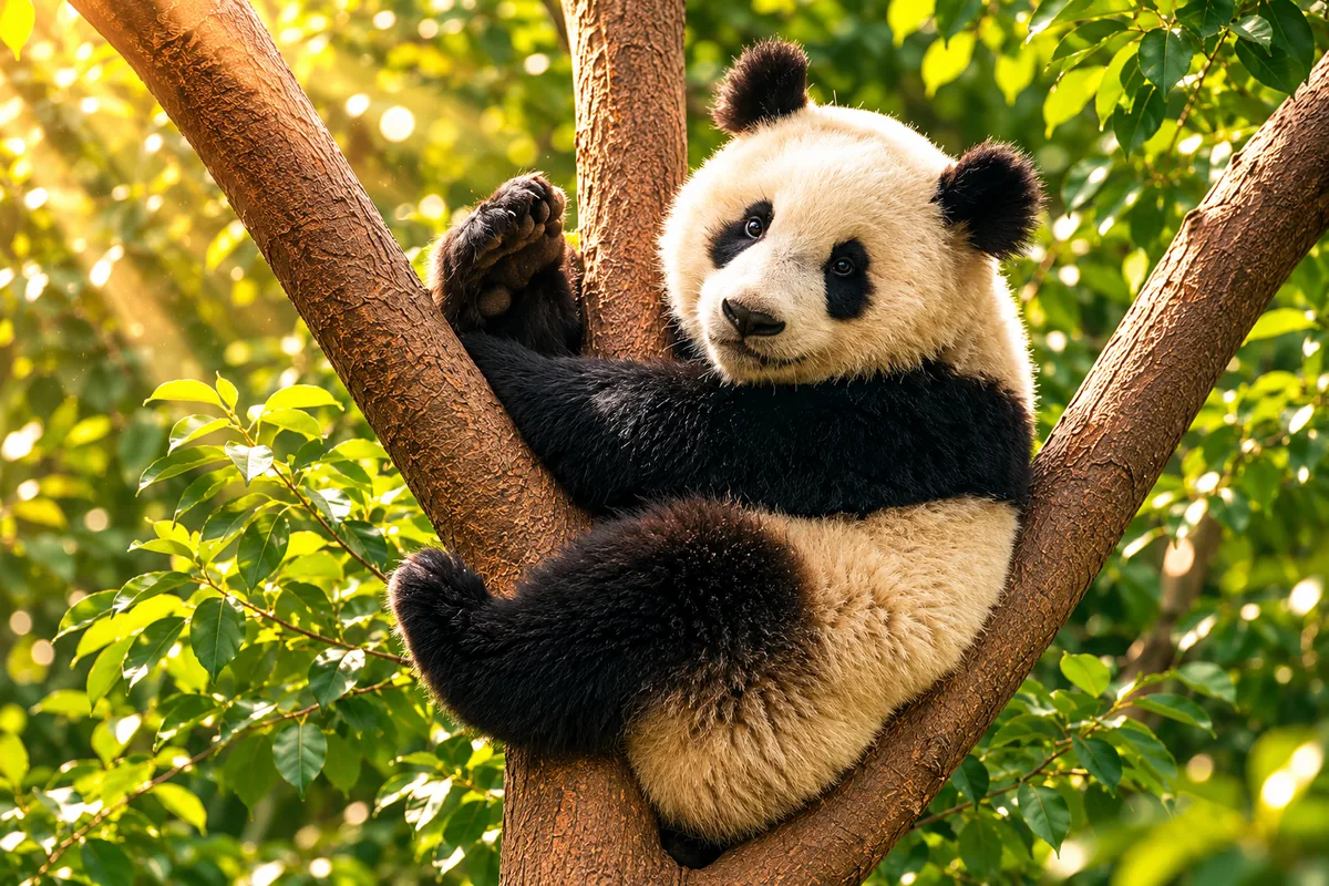 Giant Panda Resting On A Tree In Chengdu